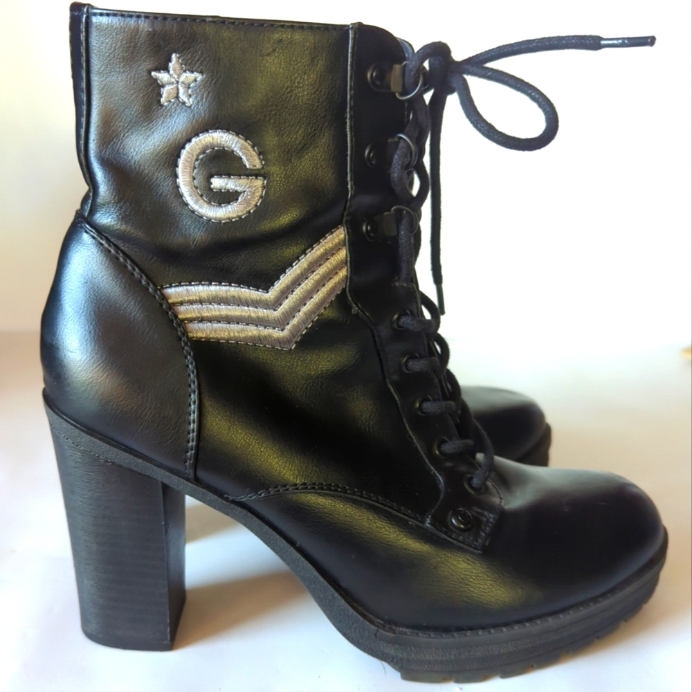 G by Guess Combat Boots Sexy Womens 9.5M Lace Up and Zip Ankle 4" Heel Black